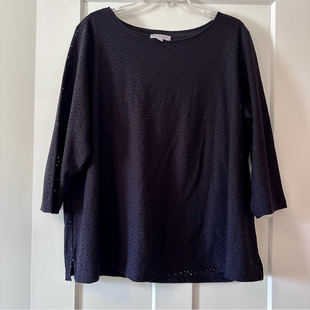 Kim Rogers Black Eyelet Boat Neck Top 3/4 Sleeve Lined Blouse Size 1X